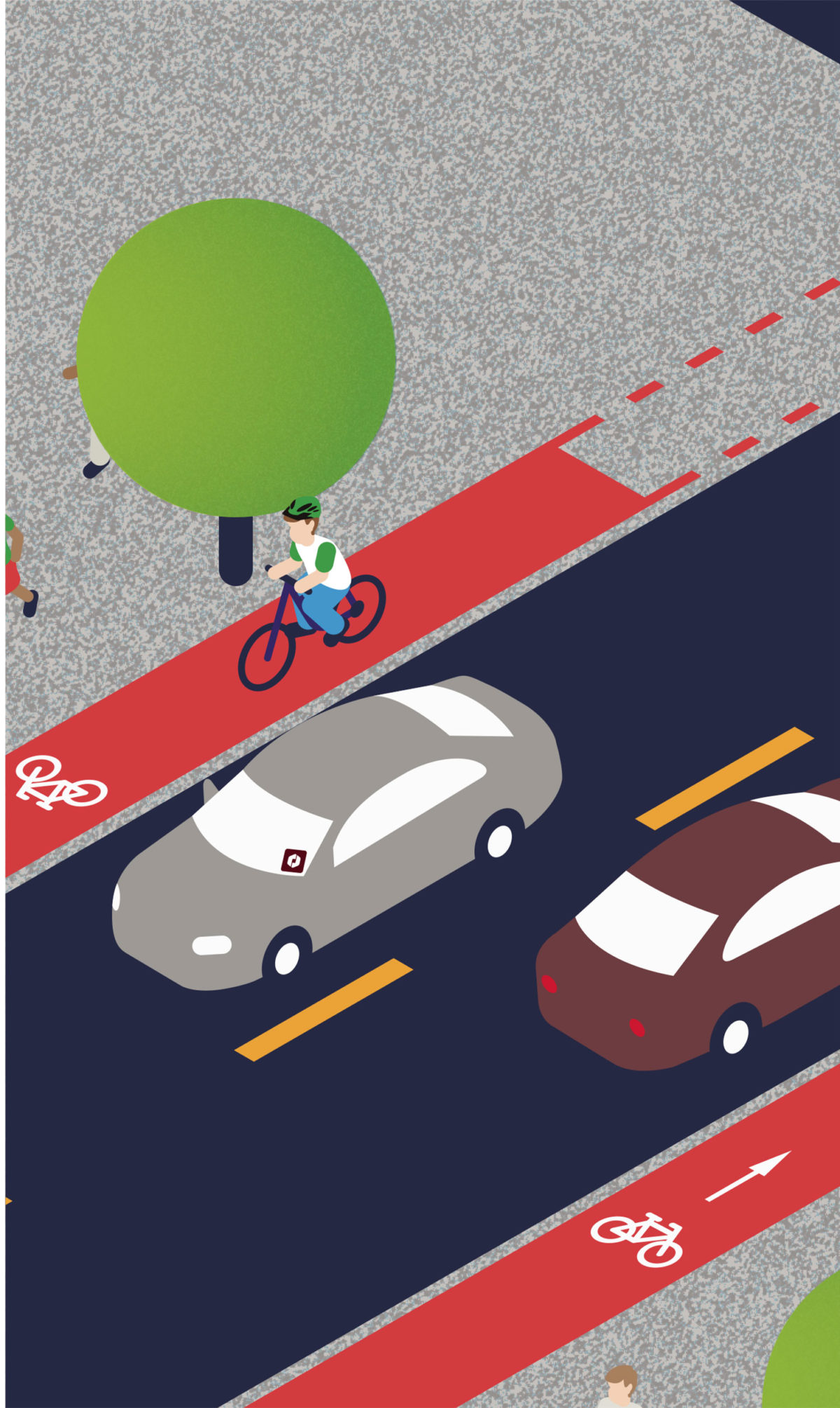 Birds eye view Illustration of cars, bicyclists and joggers