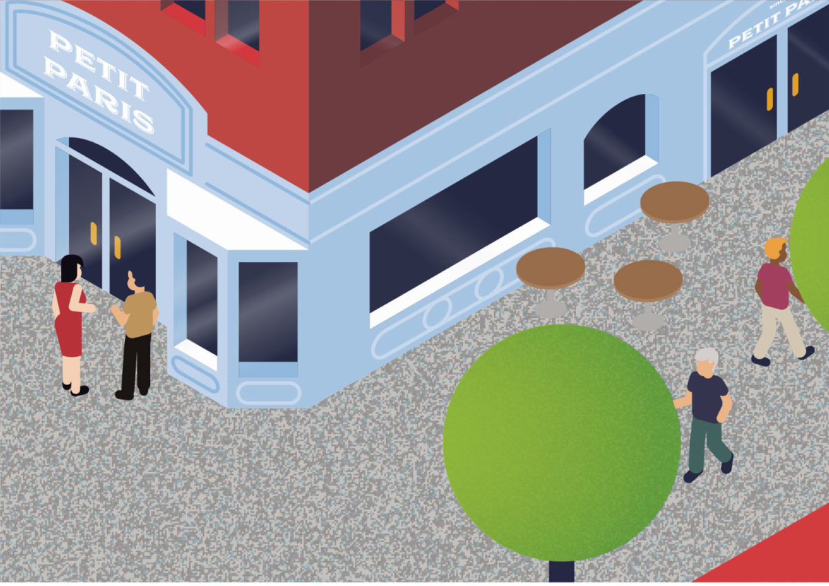 Illustration of two people outside a cafe