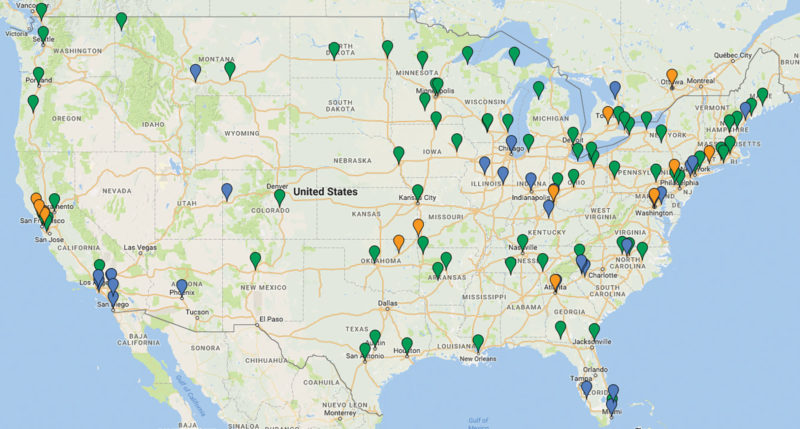 Map over the Unites States localities that have eliminated or reduced parking minimums marked out