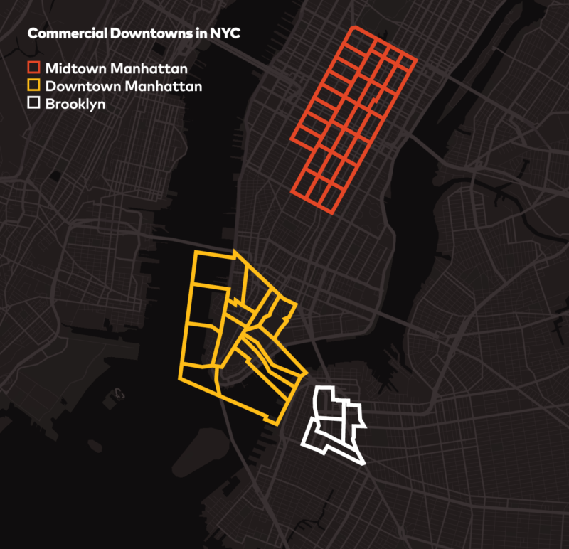 Illustrated map of commercial downtowns in NYC