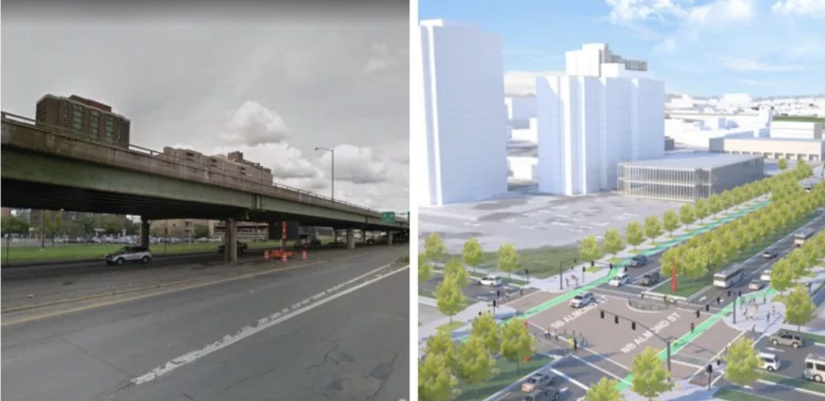 Current photo and future mock up of a viaduct in Syracuse