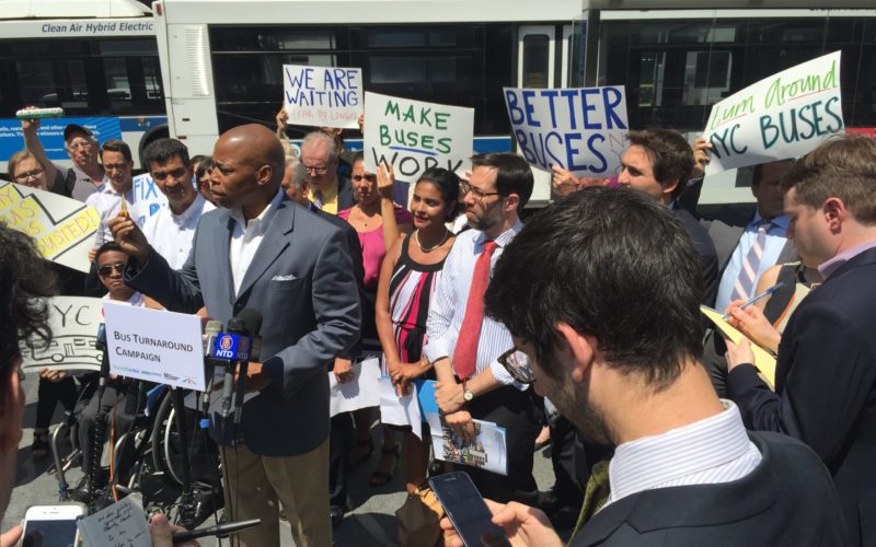 Eric Adams speaks at the launch of the Bus Turnaround Campaign in 2016.