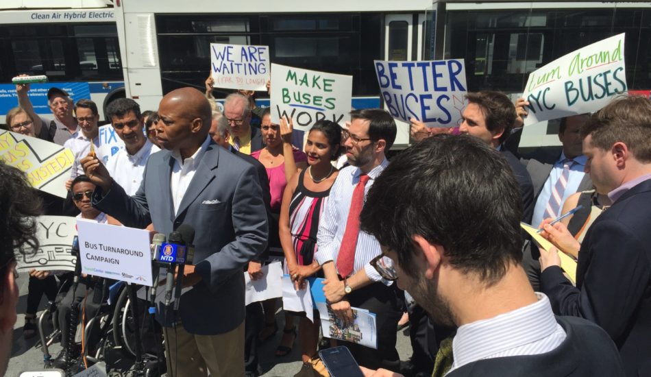 Eric Adams speaks at the launch of the Bus Turnaround Campaign in 2016.
