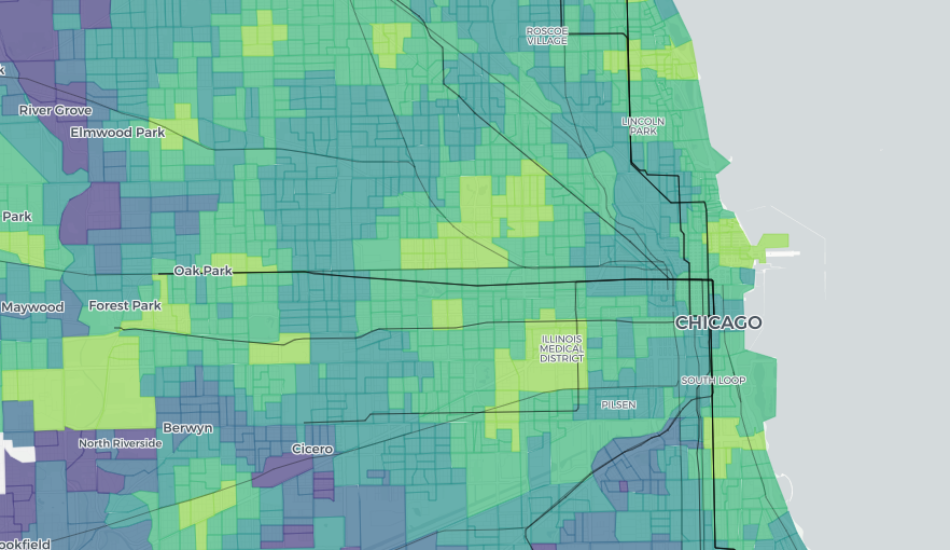 A map of transit access to hospitals in the Chicago region from the Transit Equity Dashboard